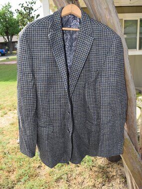Joseph Abboud 100% Wool Houndstooth Blazer Jacket 50R Mens Gray Blue Plaid Sport